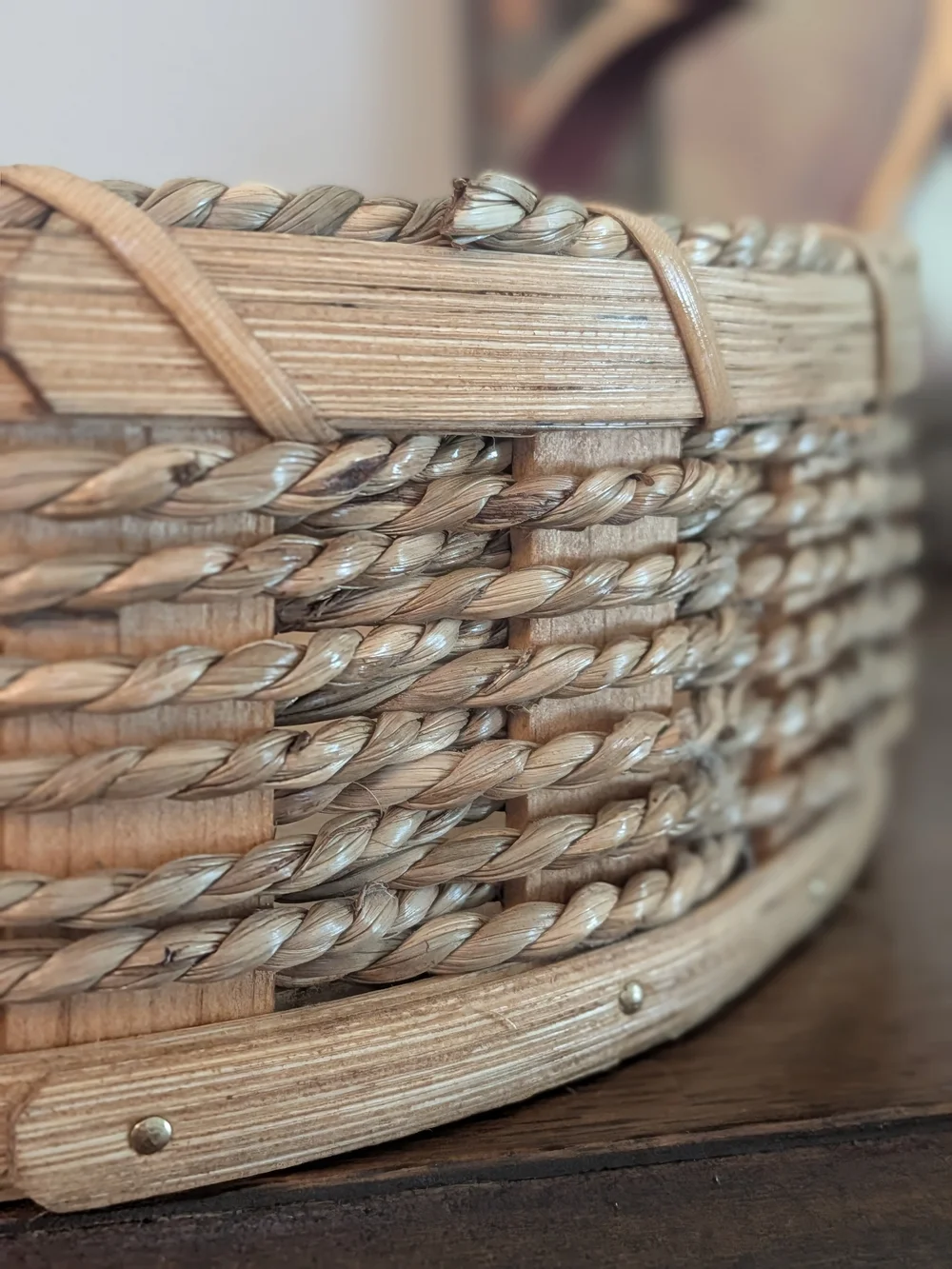Signed Amish Woven Basket Tray Leather Handles Lancaster PA #281 Handcrafted